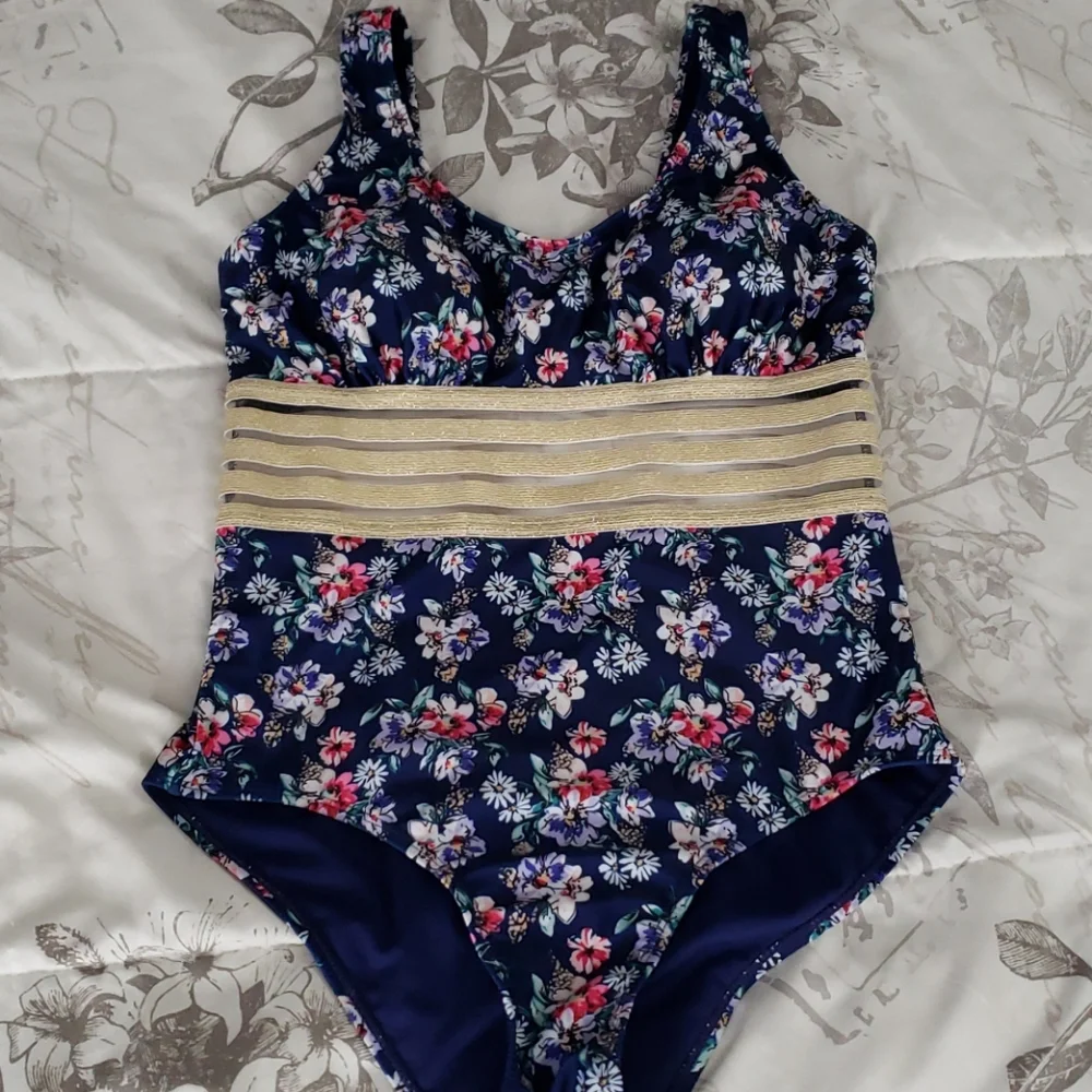 Nicole Miller New York Floral Navy With Gold Mesh One-piece
